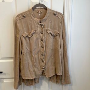 Pinky/tan Free People military style jacket with lace detail at the bottom. Sz L